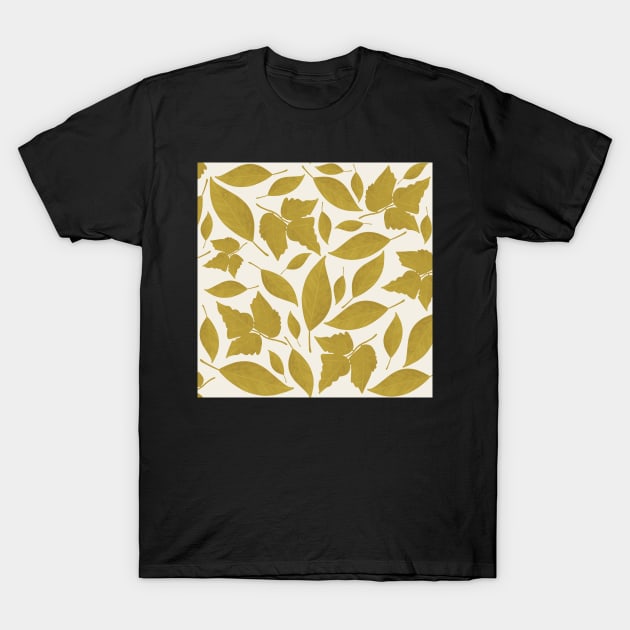 White Cream and Mustard Leaves Pattern T-Shirt by WalkSimplyArt